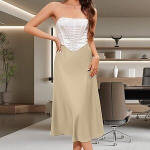 Women's Champagne Satin Midi Skirt NWOT